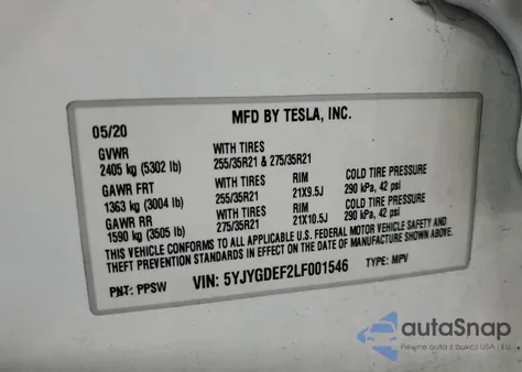 2020 Tesla Model Y из США, поврежденный, VIN 5YJYGDEF2LF001546